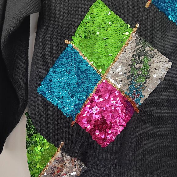 Vintage Victoria Harbour Black Sequin Argyle Sweater Embellished Holiday Medium - Picture 3 of 11